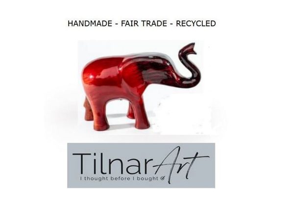 Recycled Aluminum Elephant with Trunk Up by Tilnar Art - Red