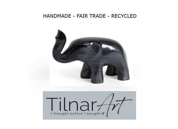 Recycled Aluminum Elephant with Trunk Up by Tilnar Art - Black