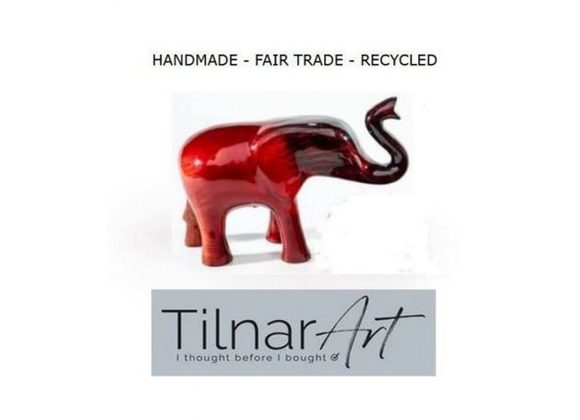 Recycled medium Aluminum Elephant with Trunk Up by Tilnar Art - Red