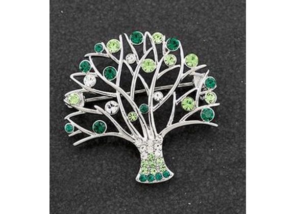 Tree Brooch Silver Plated Green Stone 