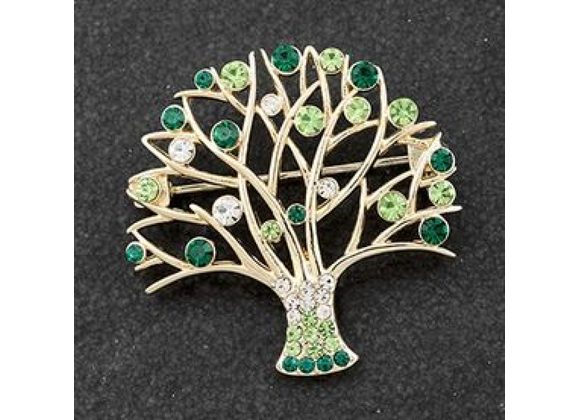 Tree Brooch Gold Plated Green Stone 