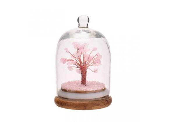 Rose Quartz Gemstone Tree of Life in Glass Cloche