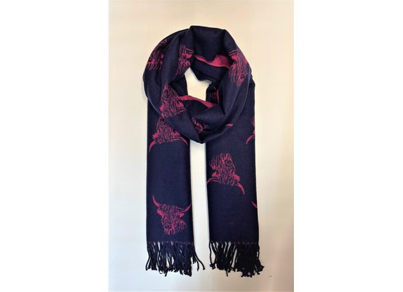 Reversible Highland Cow cashmere blend Scarf – Navy
