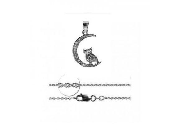 925 Siver & CZ Moon and Owl Pendant & Chain