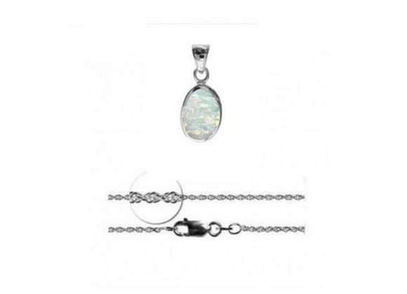 925 Silver & White Opalique Oval Pendant and Chain