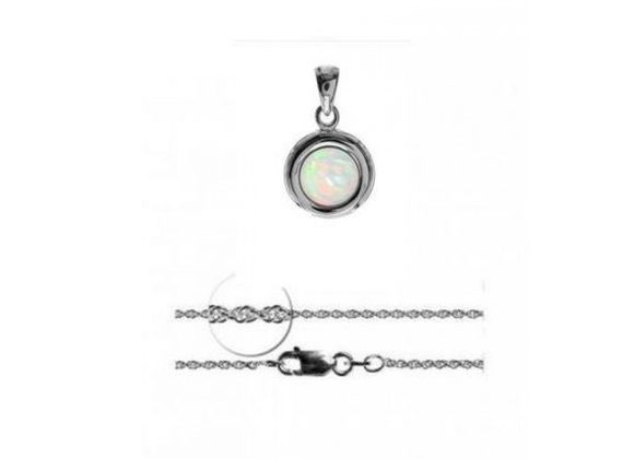925 Silver & White Opalique Round Pendant and Chain