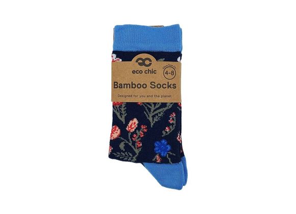 Navy Flowers Bamboo Socks 4-8 