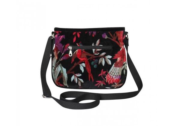 Black Botanical Print Velvet Messenger Bag