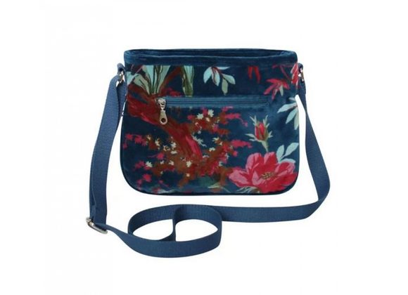 Teal Botanical Print Velvet Messenger Bag