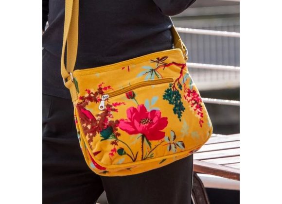 Mustard Yellow Botanical Print Velvet Messenger Bag