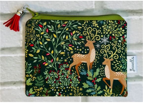 Christmas Reindeer Green fabric Coin Purse / Pouch 