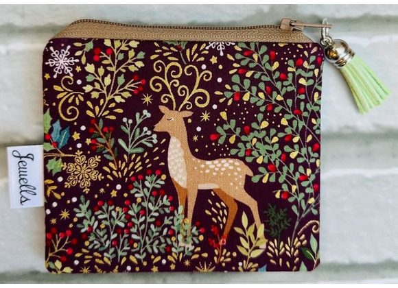 Christmas Reindeer Burgundy fabric Coin Purse / Pouch 