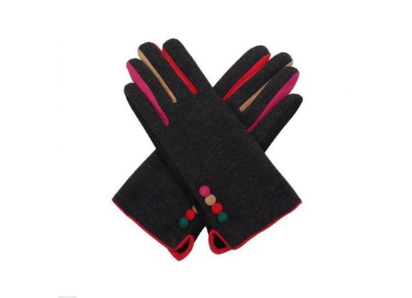 Black / Grey Multi Button Plain Gloves 