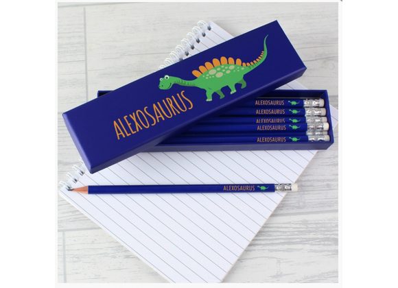 Personalised Dinosaur Box of 12 Blue HB Pencils