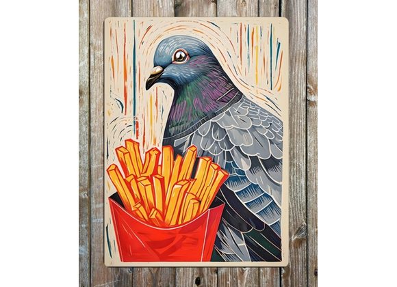 Pigeon with French Fries Metal Sign - 6