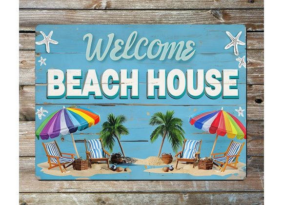 Welcome Beach House Scene Metal Sign - 8