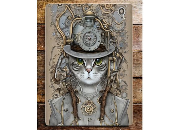 Steampunk Cat with Green Eyes Metal Sign - 6