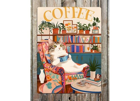 Cat relaxing with coffee Metal Sign - 6