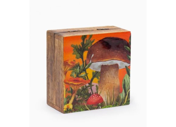 Mango Wood small Square Box - Mushroom Design (orange)