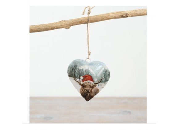 Highland Cow with red Christmas hat Heart Hanging Decoration