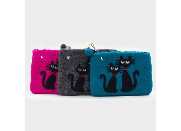 Two Cats Natural Felt Zipper Pouch / Purse
