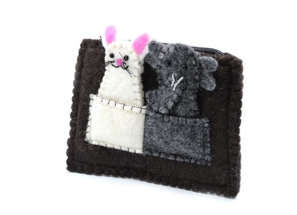 Elephant & Mouse Finger Puppets Felt zip top Pouch