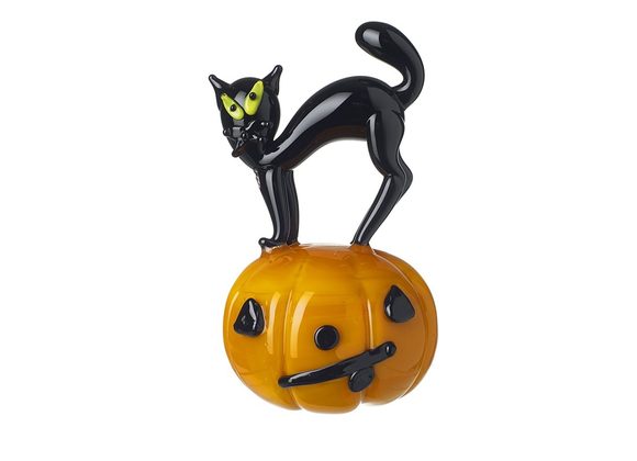 Black Cat on Pumpkin Glass Decoration