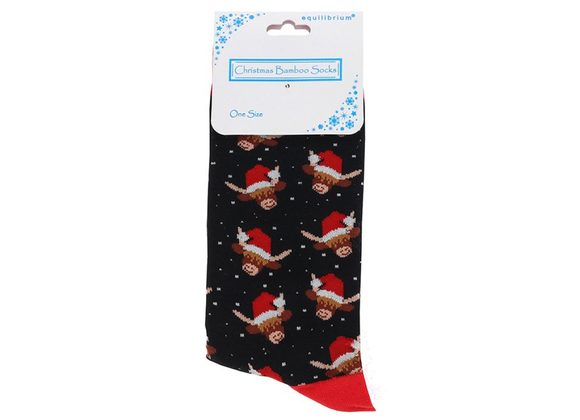 Highland Cow with Christmas Hat Men's Bamboo Socks by Equilibrium