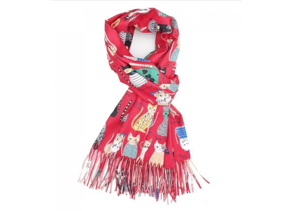 Colourful Cats Scarf - Red