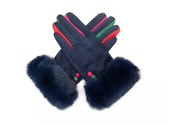 Navy Multi Colour Faux fur Cuff Gloves