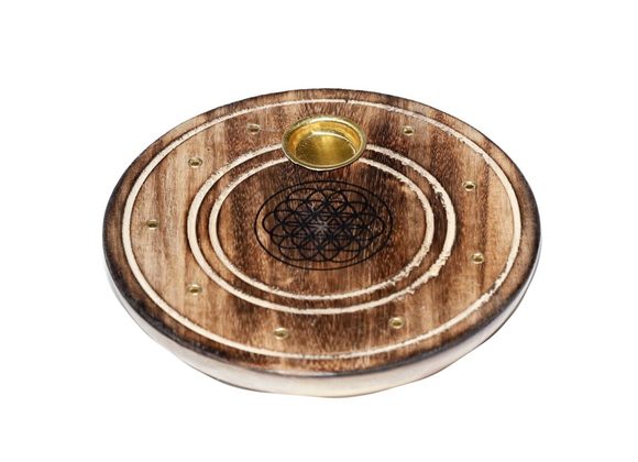 Mango Wood Round Flower of Life Ashcatcher Incense Burner