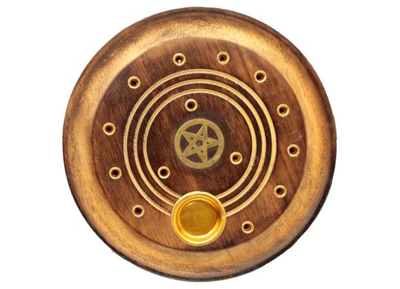 Mango Wood Round Pentagram Ashcatcher Incense Burner