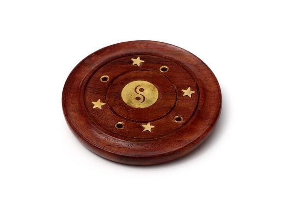 Sheesham Wood Round Ashcatcher Incence Burner with Yin Yang Inlay