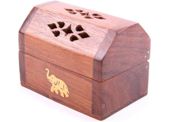 Sheesham Wood Mini Incense Burner Box with Elephant Inlay