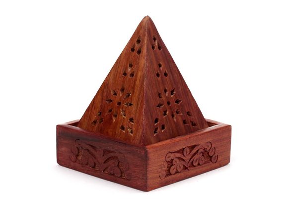 Sheesham Wood Pyramid Incense Cone Box with Flower Fretwork