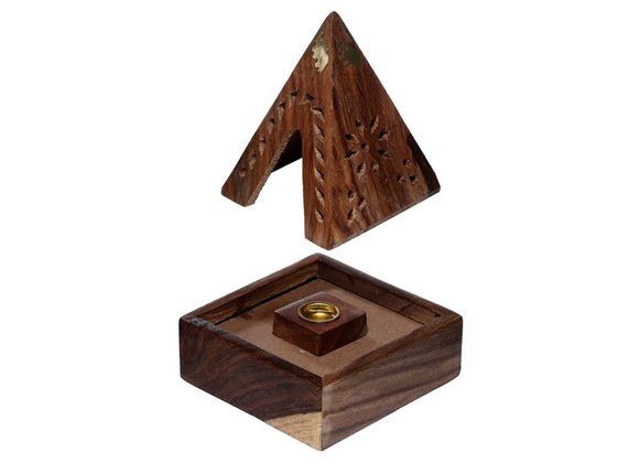 Sheesham Wood Pyramid Incense Cone Burner Box with Elephant inlay