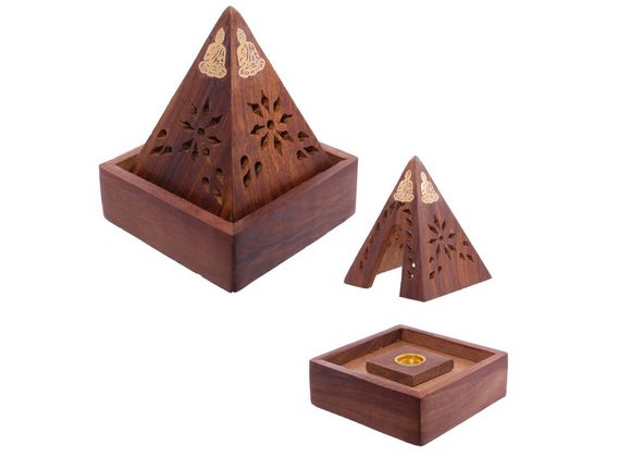 Sheesham Wood Pyramid Incense Cone Burner Box with Buddha inlay