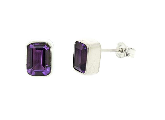 925 Silver & Amethyst rectangle Stud earrings