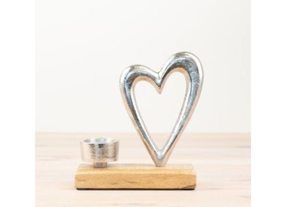 Metal Heart & Tealight Holder on Wood Base