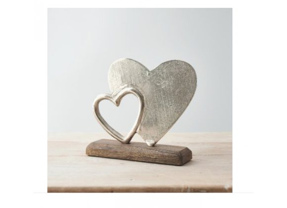 Metal Double Hearts Decoration on Wood Base