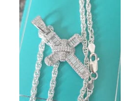 Silver Round & Baguette CZs Kiss Cross